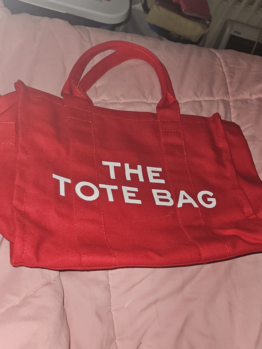 Red Canvas Tote Bag with White 'THE TOTE BAG' Text